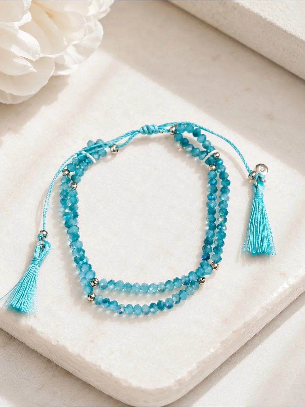 LC Lauren Conrad Aqua December Birthstone Bracelet Tassel Beaded Adjustable NWT